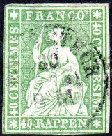 Switzerland   1858  Streubel  3rd Berne Printing   40r Green  Thick Paper    Used   THINNED - Gebraucht