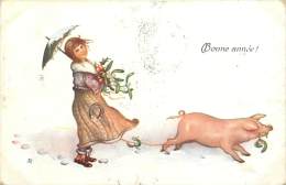 Réf : PO-13-307  :  Carte Fantaisie  Bonne Année Avec Gui Et Cochon - Cochons