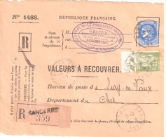 2671 Valeur à Recouvrer N° 1488 Cérés 2,25 Bleu 374 Paix 75c 284A Tarif 05 12 1939 Sancerre Cher Recommandée Devant - Lettres & Documents