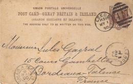 CPA . ENTIER POSTAL ..1890   ..DE LEEDS àBORDEAUX TALENCE .. BE.. SCAN. - Stamped Stationery, Airletters & Aerogrammes