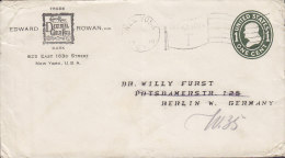 United States Uprated Postal Stationery Ganzsache Entier EDWARD ROWAN, NEW YORK 1910 Cover Brief BERLIN (2 Scans - 1901-20