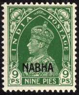 Nabha 1942  Y&T 83  Michel 86. George VI  9 P Vert, Surchargé Nabha. Neuf - Nabha