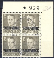 ##Denmark 1950. POSTFAERGE. Numbered Cornerbloc Of 4. Michel 33. Cancelled(o) - Paquetes Postales