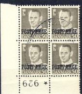 ##Denmark 1950. POSTFAERGE. Numbered Cornerbloc Of 4. Michel 33. Cancelled(o) - Paquetes Postales