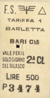 BARLETTA  BARI  BIGLIETTO CARTONCINO RIGIDO SPESSO FERROVIE  DELLO STATO  COME DA FOTO TRENO TRAIN - Europe