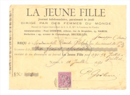 Reçu - Journal "La Jeune Fille" Namur - Bruxelles - Jemappes 1891/1892 (sf87) - 1800 – 1899