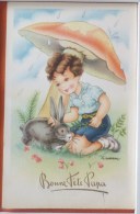 CP Litho Illustrateur GOUGEON 390 FETE PERE Enfant Garcon Pluie Assis Sous Gros Champignon Avec Lapin - Gougeon