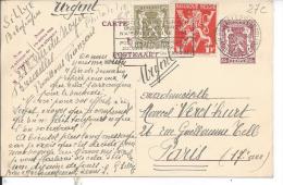 SCEAU ETAT 65 C: + Complément Affranchissement étranger, De Bruxelles 4 à Paris 1949 - Briefkaarten 1934-1951