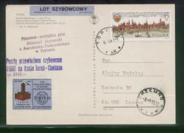 POLAND 1983 TORUN 83 PHILATELIC EXPO FLOWN GLIDER COVER CINDERELLA STAMPS ON POSTCARD - Planeurs