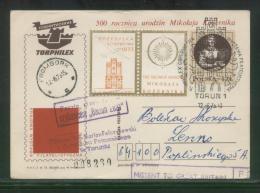 POLAND 1973 TORPHILEX 83 500TH BIRTH ANNIV COPERNICUS FLOWN GLIDER PC TYPE 1 CINDERELLA LABELS MISSENT TO GB - Planeurs