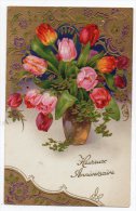 Cpa Gaufrée Style Art Nouveau - Heureux Anniversaire - Bouquet De Tulipes Dans Un Vase - Verjaardag
