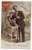 Cpa - Vive Saint Nicolas - Portrait D´un Homme Avec Des Fleurs - Bonne Fête - Nikolaus