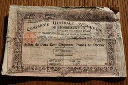 1904 Compagnie Générale D´éclairage De Bordeaux Action De 250 Fr. Porteur  Titre Et Action Scripophilie(État) - Electricité & Gaz