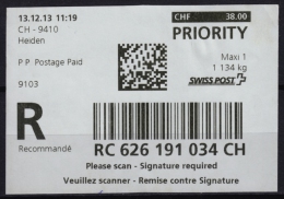 Switzerland 2013 - Registered Package ATM Label / Self Adhesive - Used - Sellos De Distribuidores