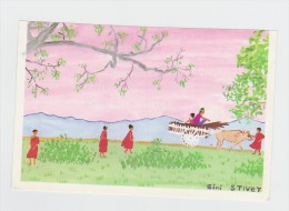 Asie - Paysage De BIRMANIE - 1988 - Illustrateur Ginette STIVET - TRAVAIL AUX CHAMPS ATTELAGE VACHE - Myanmar (Burma)