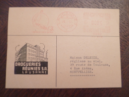 Sur Carte Pub Drogueries Réunies De Lasanne Suisse Oblitération Rouge EMA Pub. 1952 Pour La Maison Deleuze Montpellier R - Briefe U. Dokumente