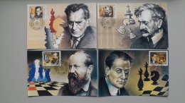 Jugoslawien 2698/05 O. 2699, 2701/2, 2704, Maximumkarte, ESST, Schach, Steinitz, Lasker, Capablanca, Aljechin - Cartes-maximum