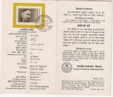 Stamped Information Sheet On Martin Luther King, Famous People, Nobel Prize, India 1969 - Martin Luther King