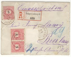 Hungary 1892 Registered Cover To Breslau - Covers & Documents