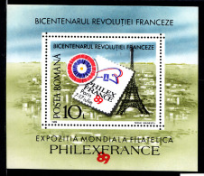 ROUMANIE 1989, BICENTENAIRE REVOLUTION, PHILEXFRANCE, TOUR EIFFEL, 1 Bloc, Neuf / Mint. R228 - Rivoluzione Francese