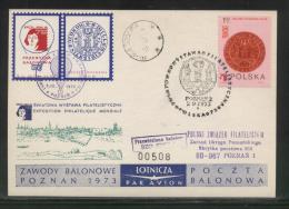 POLAND 1973 BALLOON CHAMPIONSHIPS FLIGHT CARD MARZENIN NEAR WRZESNIA COPERNICUS CINDERELLA LABELS PAIR 3 BALLOONS FLOWN - Ballons