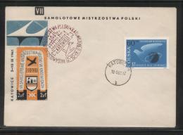 POLAND 1961 VII AIRCRAFT CHAMPIONSHIPS KATOWICE FLOWN COVER RED-VIOLET CANCEL PERF CINDERELLA LABEL AIRPLANE - Aviones