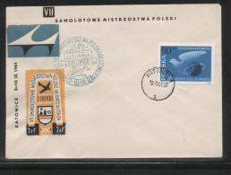 POLAND 1961 VII AIRCRAFT CHAMPIONSHIPS KATOWICE FLOWN COVER GREEN CANCEL PERF CINDERELLA LABEL AIRPLANE - Vliegtuigen