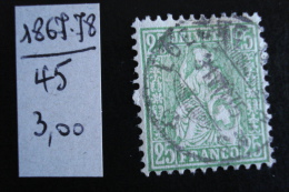 Suisse - 25c Vert-jaune Helvétia Assise - Années 1867-68 - Y.T. 45 - Oblit. - Used - Gestempeld - Used Stamps