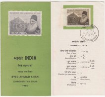 Stamped Information On Syed Ahmad Khan, Education For Muslim, Jounalism, Preach Islam, India 1973 - Lettres & Documents