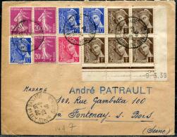FRANCE - MERCURE - N° 404 (5 DONT CD DU 9/3/1939) + 406 + 407 (3) + 190, OBL. BORDEAUX LE 26/8/1940, POUR FONTENAY  - TB - 1938-42 Mercurius