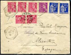 FRANCE - MERCURE - N° 406 !5) + 410 + 368 (2), OBL. COUTANCES / CP N° 2 LE 29/7/1939, POUR ALICANTE AVEC CENSURE - TB - 1938-42 Mercurius