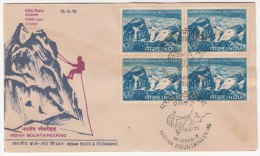 Block Of 4 On FDC,  Indian Mountaineering, Climbing Mt. Everest, Nature, Geography, Glaciers, India 1973 - Bergsteigen