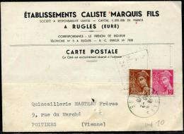 FRANCE - MERCURE - N° 406 + 416A / CP OBL. DAGUIN FLAMME DE RUGLES LE 20/2/1940, POUR POITIERS  - TB - 1938-42 Mercure