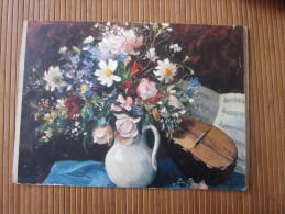 Photo Reproduction Bouquet Fleurs,mandoline,partition Sur Support Carton Pub MADZA Griffe Verso Du Capitaine.Tankéré - Other & Unclassified