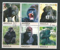 2000 Block Of 6 Gorilla Stamps Cancelled To Order Complete Mint Unhinged All Gum On Rear - Angola