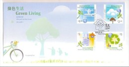 FDC 2011 Hong Kong Green Living Stamps Water Energy Spigot Light Bulb Recyciling Globe Bird Tree Bicycle - FDC