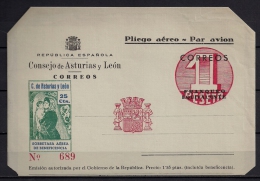 1937, GUERRA CIVIL, AEROGRAMA SIN CIRCULAR DEL CONSEJO DE ASTURIAS Y LEÓN, EXCELENTE PIEZA - Asturies & Leon