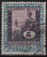 1922 Hungary - Judaical Tax - Revenue Stamp - 5 K - Used - Steuermarken