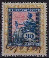 1922 Hungary - Judaical Tax - Revenue Stamp - 30 K - Used - Steuermarken