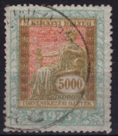 1923 Hungary - Judaical Tax - Revenue Stamp - 5000 K - Used - Fiscaux