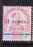 Malaya Johore 1894 Sultan Abu Bakar 3c On 6c Mint - Johore