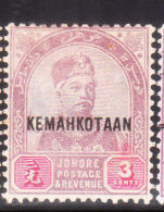 Malaya Johore 1896 Sultan Abu Bakar 3c Overprinted Mint Fault - Johore