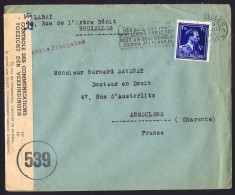 1945  Col Ouvert, V Et Couronne Lettre Pour La France  Censure Belge COB 692 - 1936-1957 Collar Abierto