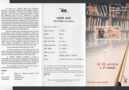 INDIA, 2007, J P Naik, (Freedom Fighter And Educationist), Folder - Cartas & Documentos