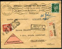 FRANCE - IRIS - N° 652 SERVANT DE TIMBRE TAXE / LR CONTRE REMBOURSEMENT, DE LYON LE 9/10/1944, POUR VILLEURBANNE - RARE - 1939-44 Iris