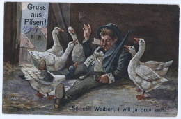 F. SCHLEMO, Humor Postcard, PILSEN, Czech Republic, Goose - Schlemo, F.