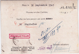 CERES DE MAZELIN - 1947 - CARTE ENTIER Avec REPIQUAGE PRIVE Du LABORATOIRE FUMIGALENE PHARMACIE à BLAYE (GIRONDE) - Cartes Postales Repiquages (avant 1995)