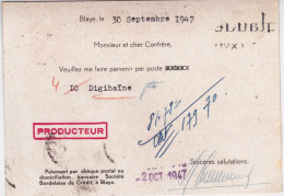 CERES DE MAZELIN - 1947 - CARTE ENTIER Avec REPIQUAGE PRIVE Du LABORATOIRE FUMIGALENE PHARMACIE à BLAYE (GIRONDE) - Overprinter Postcards (before 1995)