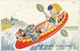 ENFANTS - Jolie Carte Fantaisie Fillette Dans Canoë Avec Chien "Faisons Ensemble Un Beau Voyage" Signée JANSER - Janser