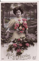 Carte Postale Fantaisie - Femme Avec ROSE - FLEUR -" Vive La SAINT-NICOLAS - PRENOM - VOIR 2 SCANS - - Women